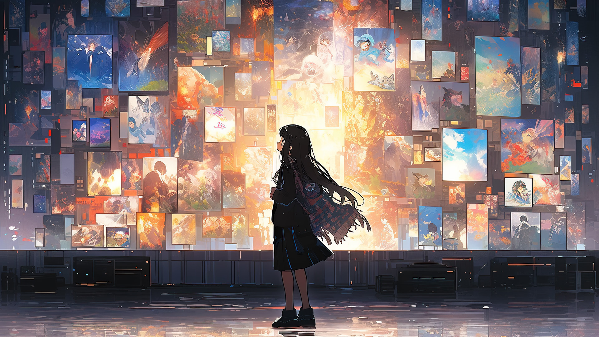 Anime girl looks on in dismay at 100 screens with inappropriate anime on them.